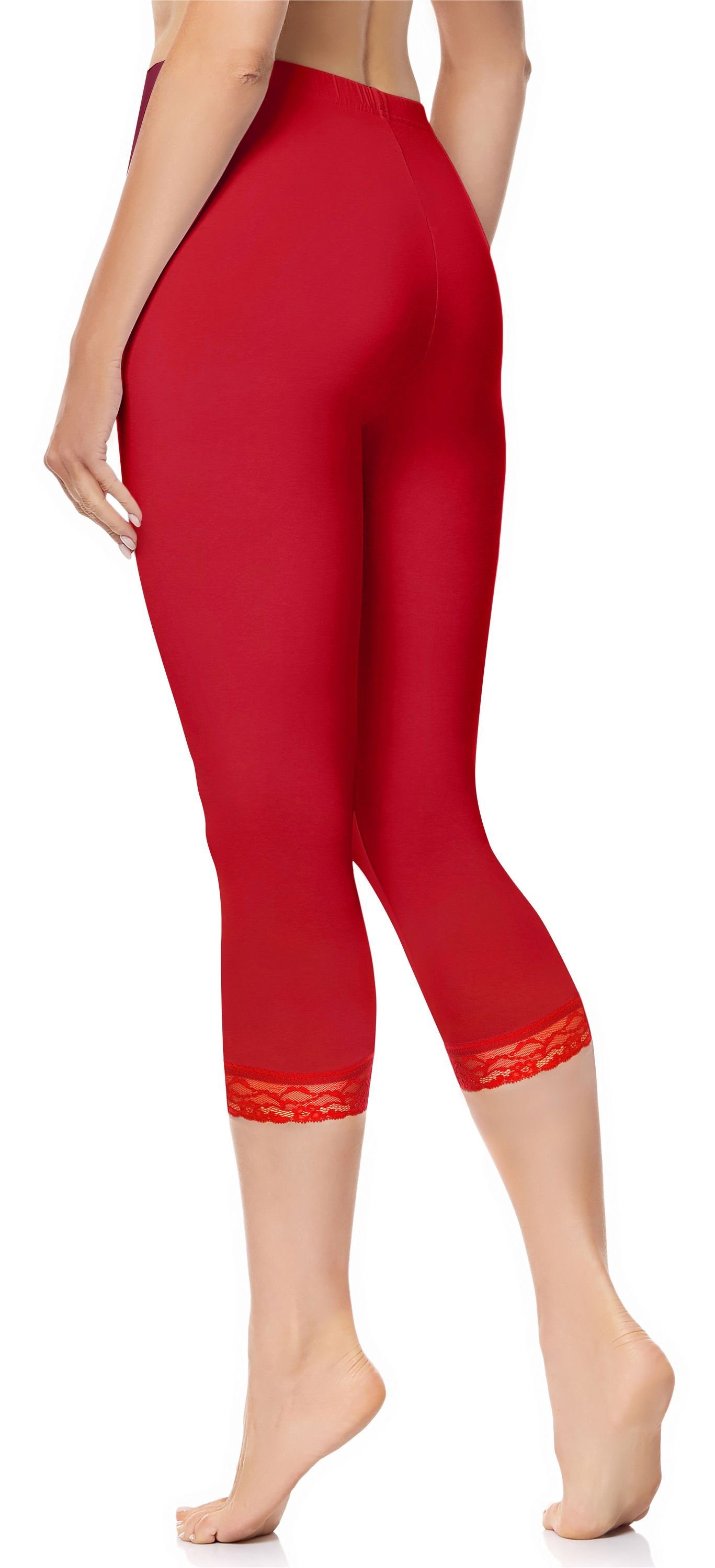 Merry Style Leggings mit Leggings MS10-224 Capri Baumwolle Rot (1-tlg) Damen elastischer Bund Spitze aus 3/4
