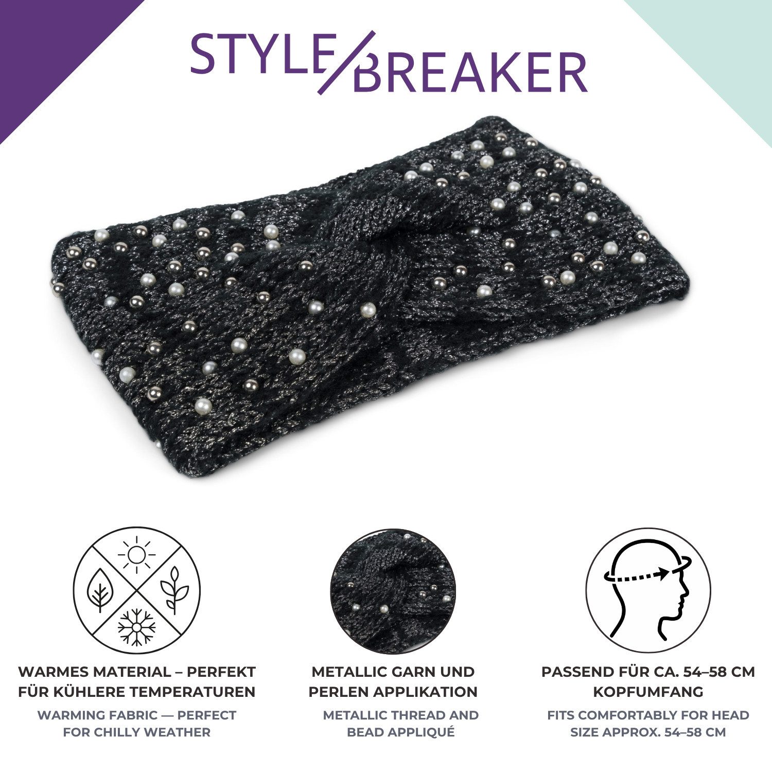 styleBREAKER Stirnband Strick Stirnband Perlen Metallic Faden und Knoten Detail (1-St)