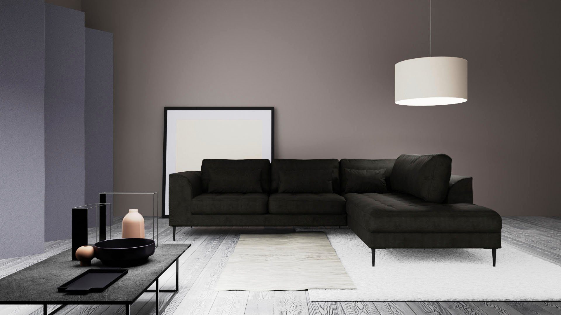 TRENDMANUFAKTUR Ecksofa Luzi, wahlweise mit Schlaffunktion und Bettkasten, gemütlich, L-Form, Designsofa mit Ottomane, Metallfüße schwarz, Breite 264 cm