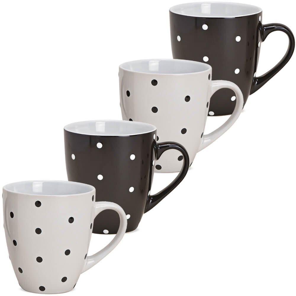 matches21 HOME & HOBBY Tasse Kaffeetassen schwarz weiß gepunktet Punkte Steingut 4er Set 10 cm, Keramik