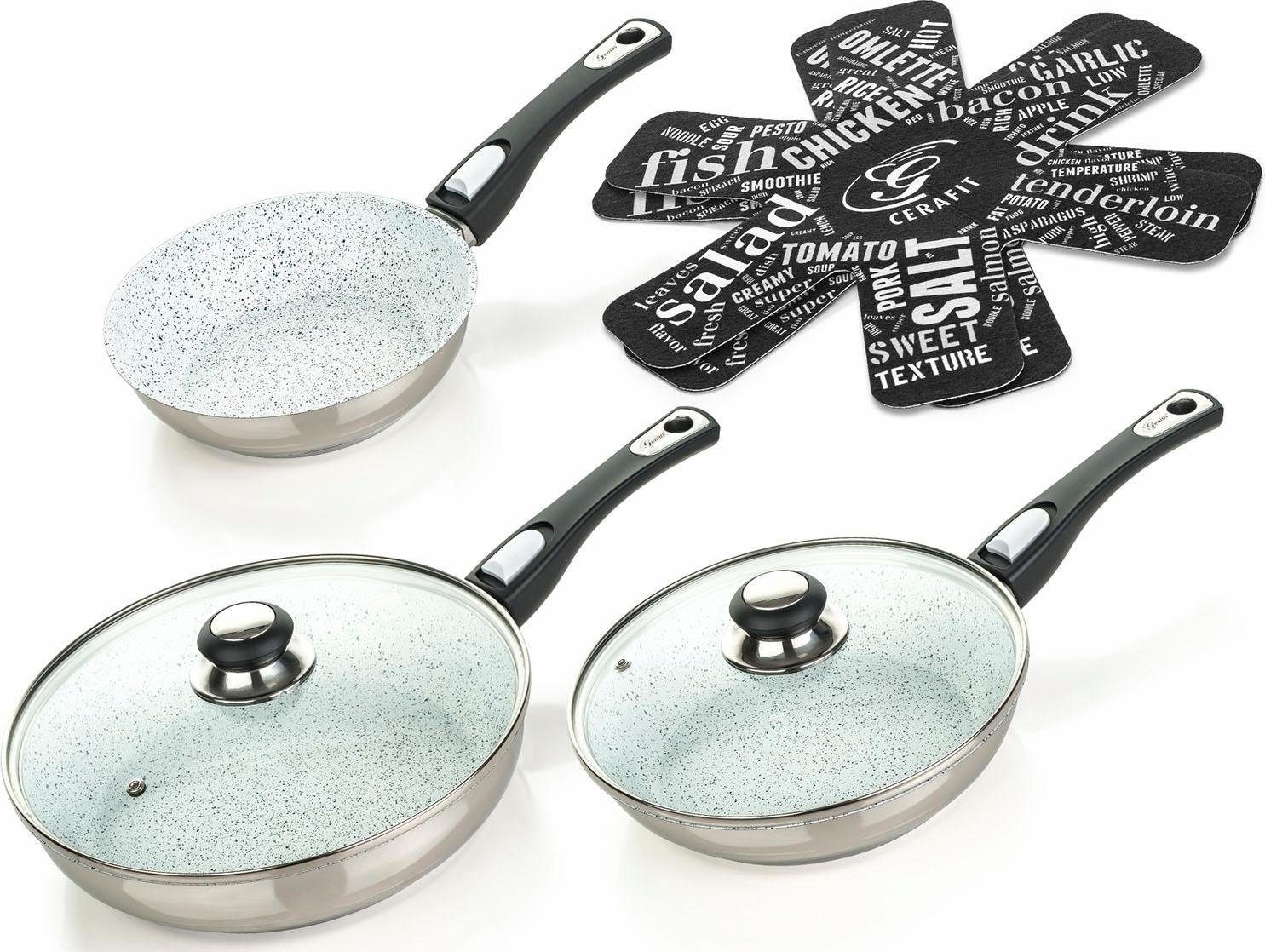Genius Pfannen-Set Genius - Cerafit Mont-Blanc Pfannen Set 7-tlg. Keramikpfannen, Edelstahl-Kapselboden (7-tlg., 7-teiliges Pfannenset (3 Pfannen, 2 Deckel, 2 Vlies-Einleger), antihaftbeschichtet