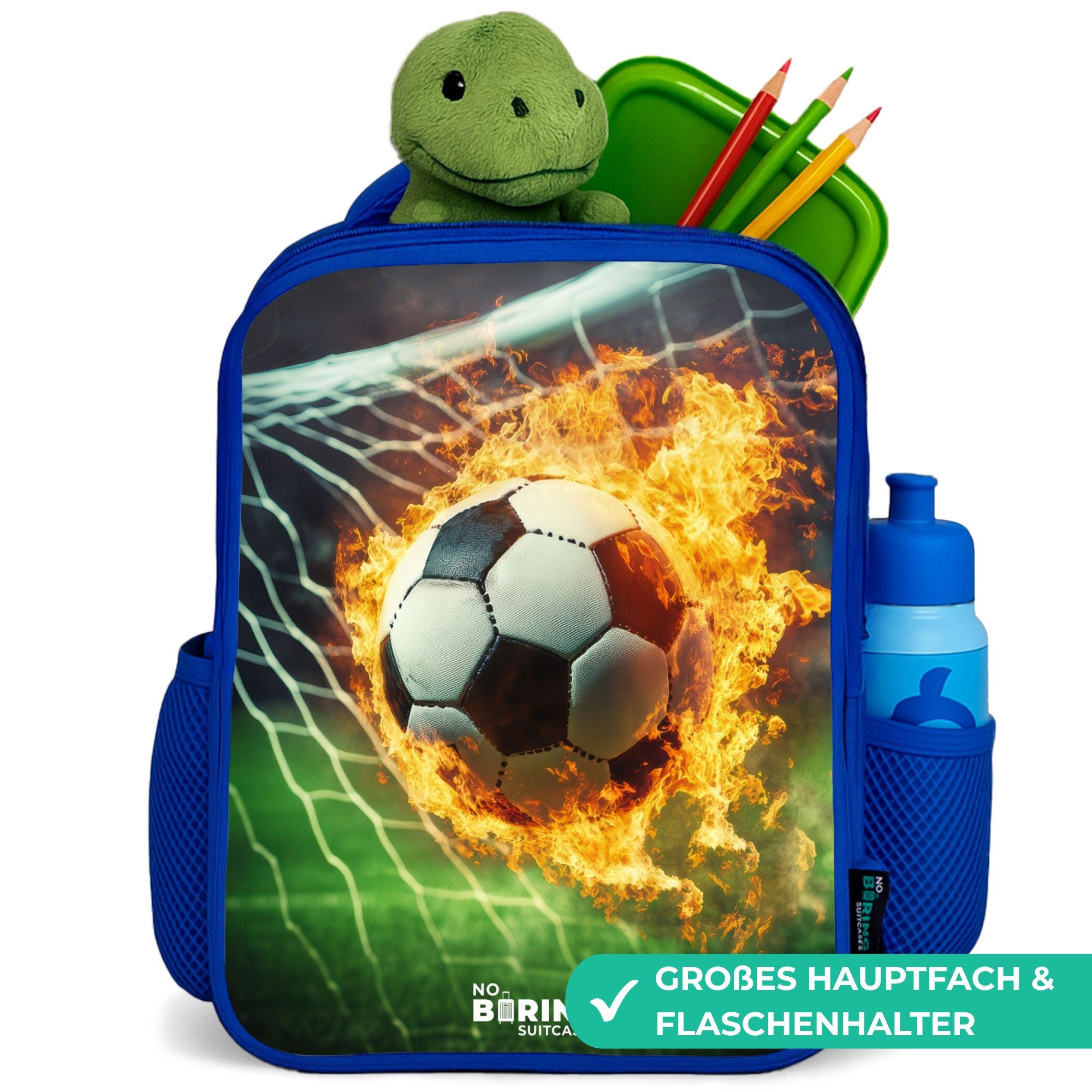 NoBoringSuitcases.com© Rucksack Blau - Feuerfußball im Tornetz gefangen, Kinderrucksack, Schulrucksack, Freizeitrucksack, Jungen, Kindergarten