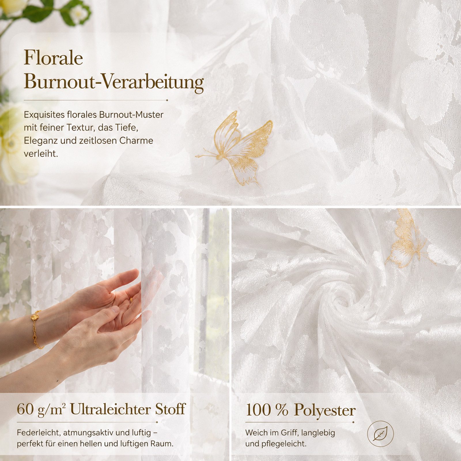 Lapamax Gardine Jacquard-Scheibengardinen mit Ösen, leicht & weich, Dekoschal, 2er-Set Voile-Vorhänge mit Gold-Schmetterlingen, Blättermuster – Bild 2 von 5