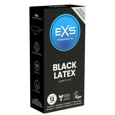 EXS Kondome Black Latex - Comfy Fit, schwarze Kondome Packung mit, 12 St., tiefschwarze Kondome, anatomische Form für mehr Komfort, schwarzes Latex