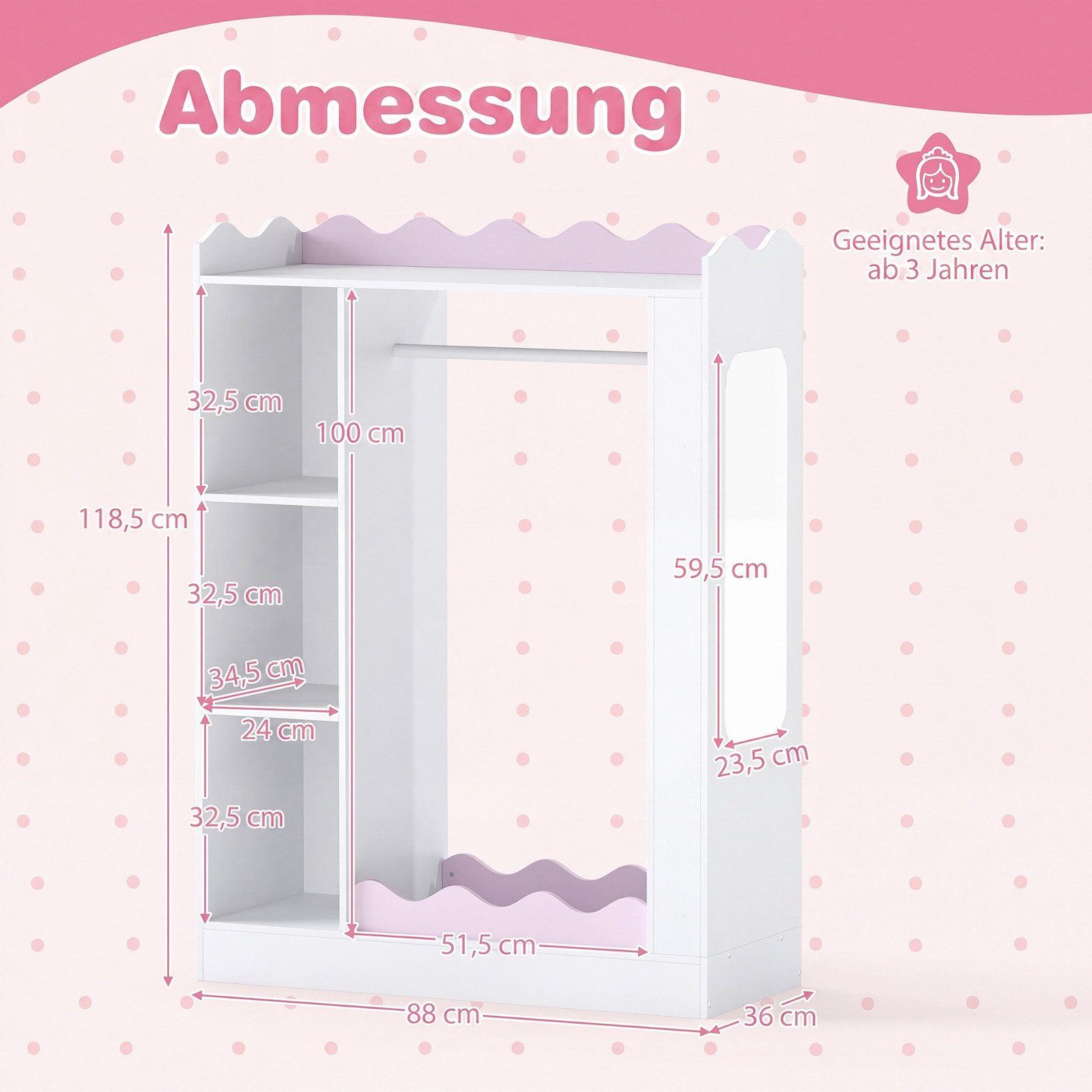 COSTWAY Kinderkleiderschrank mit 2 Spiegeln, offener Kleiderstange, Regalen – Bild 5 von 5