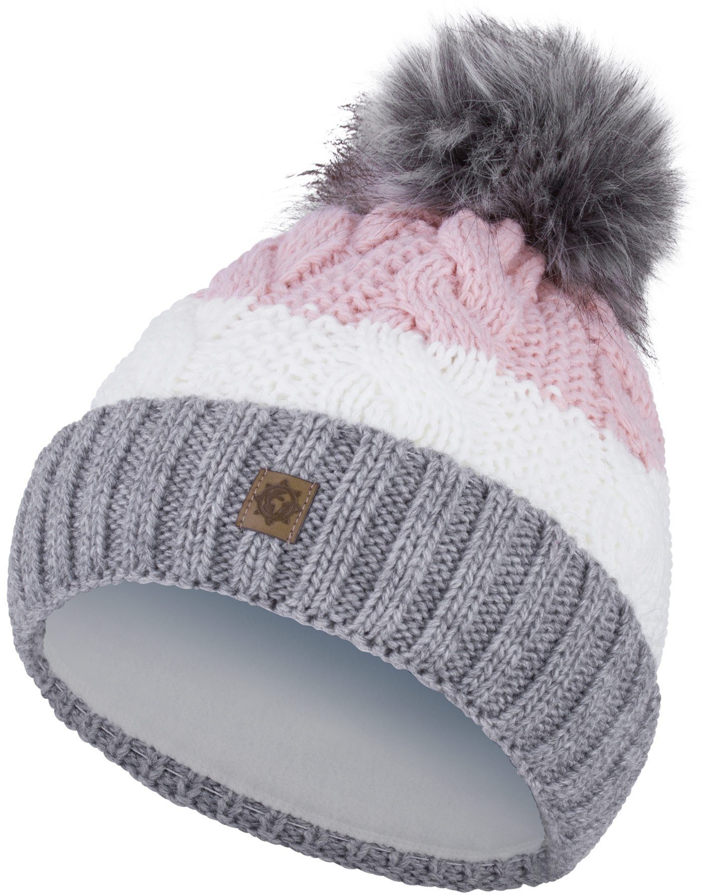 compagno Bommelmütze (1-St) Bommelmütze Wintermütze gestreift Damen Fleecefutter Beanie