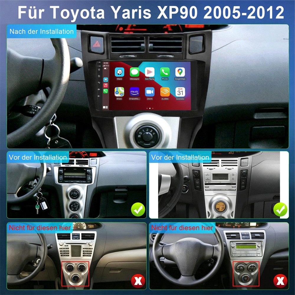 ESSGOO Android 15 Radio Toyota Yaris XP90 2005-2012 CarPlay GPS WiFi Mit USB Autoradio (RDS, 4+64GB(optional), Digitalradio (DAB), FM, USB- und Type-C, SWC, Carplay Android Auto Bluetooth EQ USB GPS Navi WIFI Touchscreen)