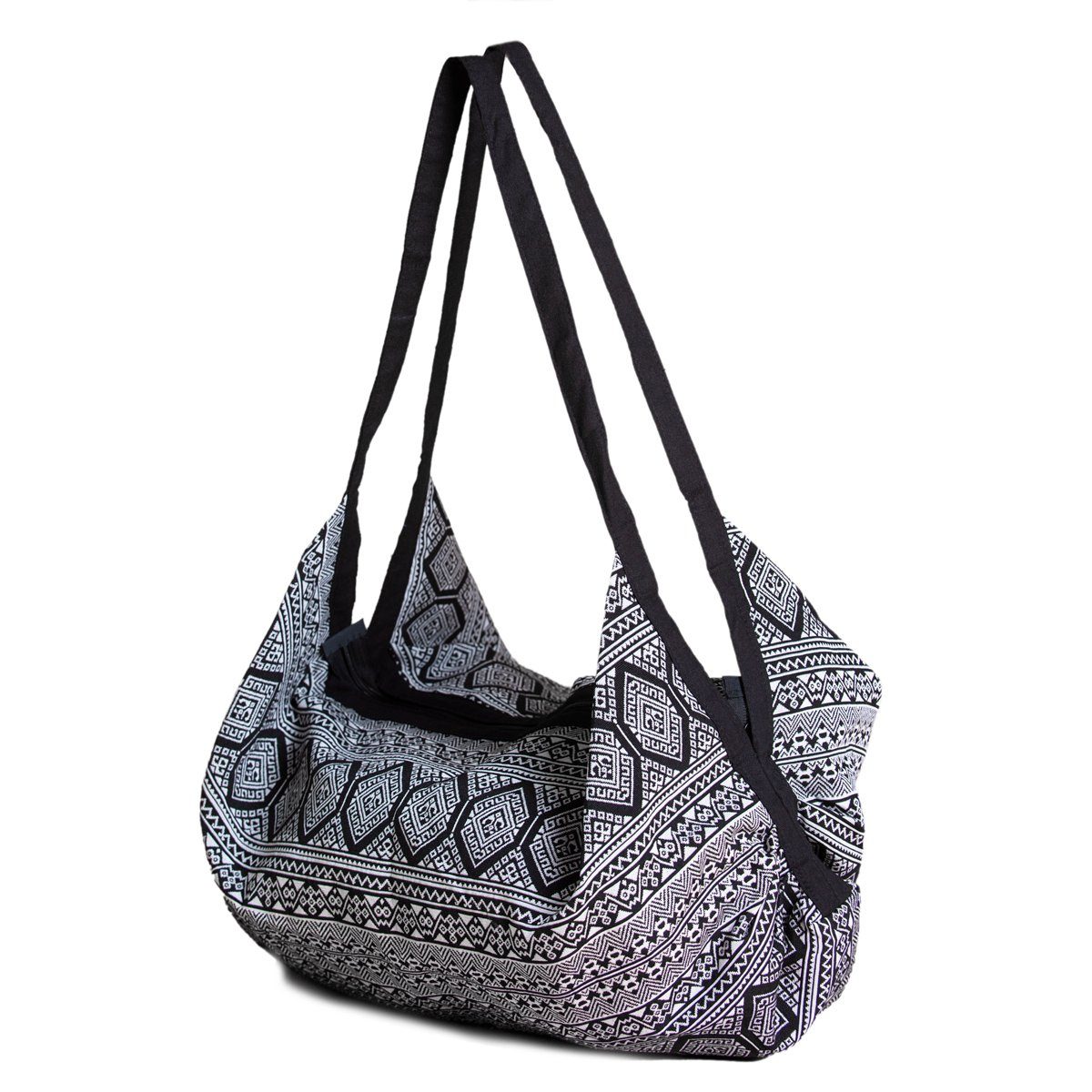PANASIAM Schultertasche Designs Schwarz in fester aus gewebten Baumwolle Wickeltasche, oder Beuteltasche Yogatasche nutzbar Umhängetasche auch Handtasche Strandtasche als