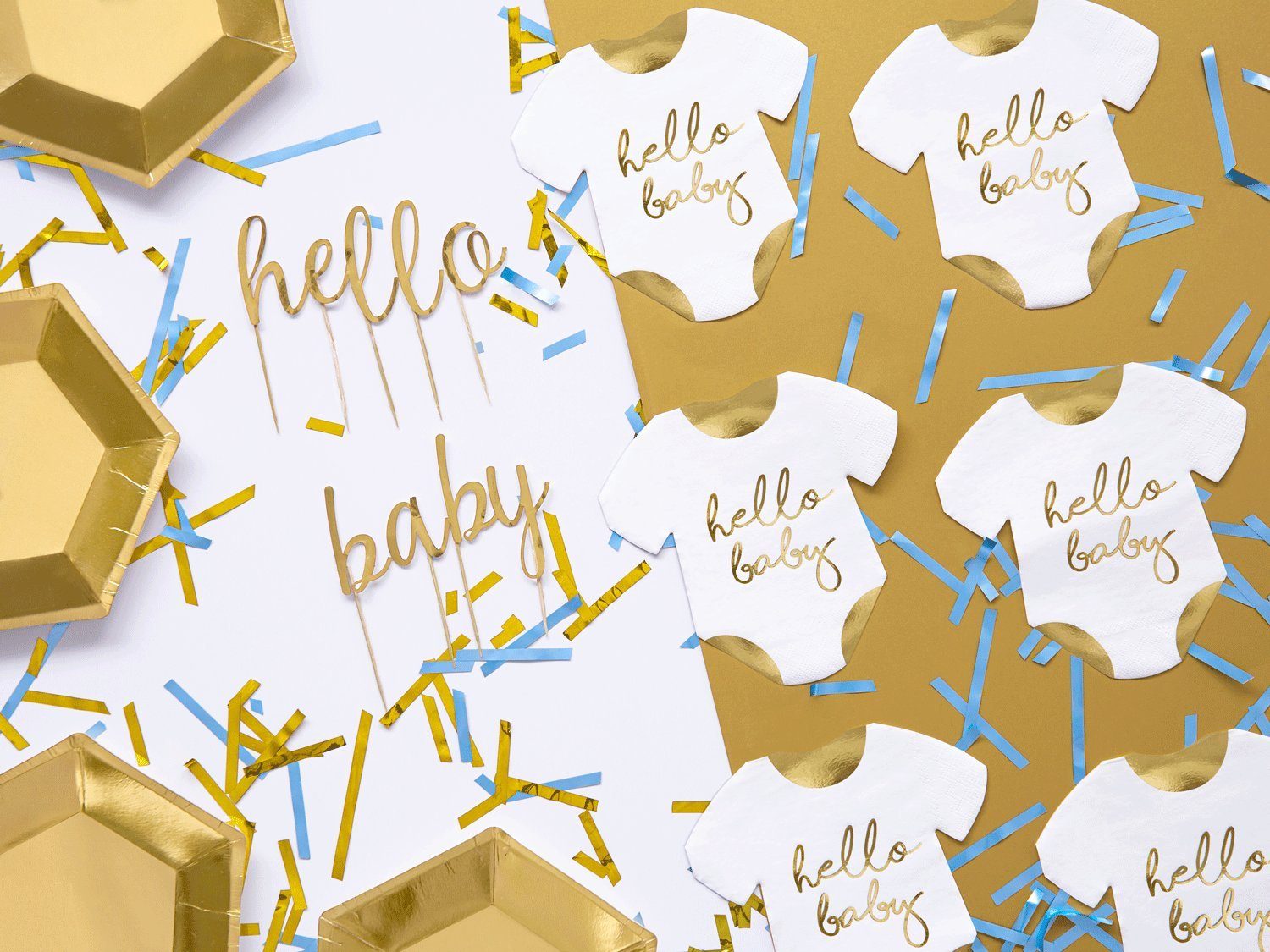 partydeco Papierserviette, Servietten Hello Baby / Strampler 32,5x31,5cm 20 Stück, weiß / gold