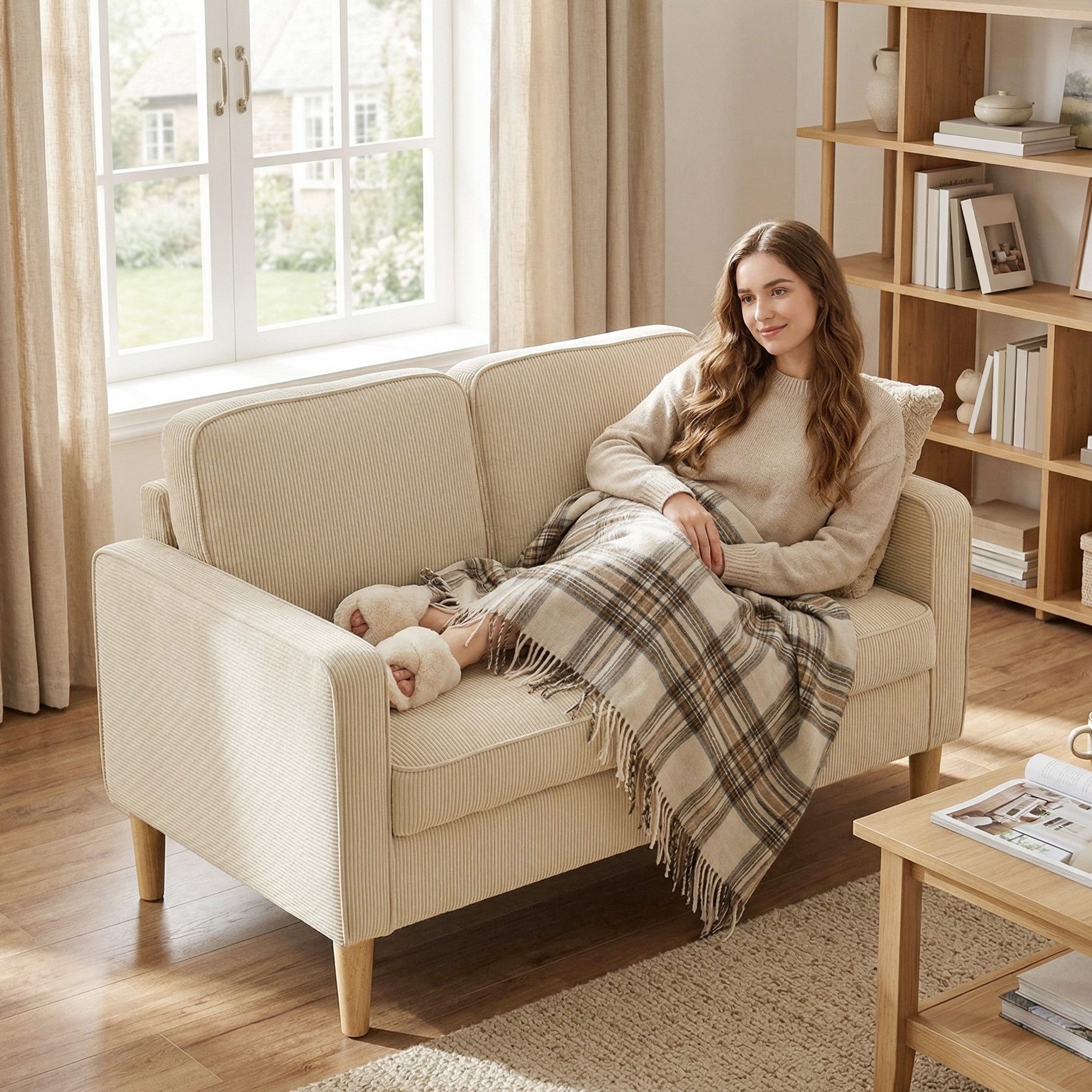 HOMCOM 2-Sitzer Sofa mit 2 Armlehne, Stauraum, Kleine Loveseat, Holzbeine, Couch 1 Teile, aus Corduroy für Wohnzimmer, Schlafzimmer, Beige 117 x 63 x 79 cm