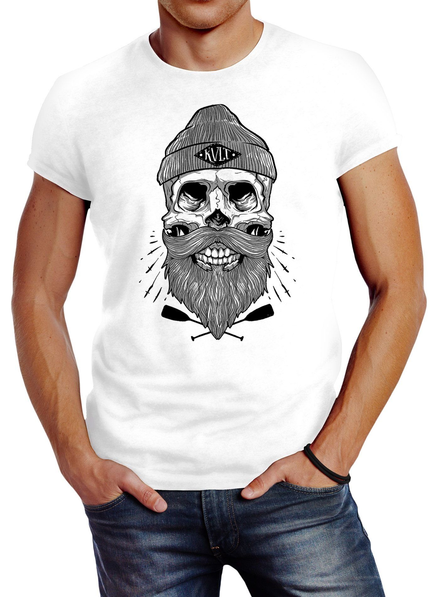 Totenkopf Bart Captain Fit T-Shirt Kapitän Print-Shirt mit Herren Beard Neverless® Skull Slim weiß Print Neverless