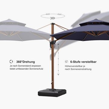 PURPLE LEAF Sonnenschirm Ampelschirm aus Aluminium-Holzimitat, neigbar, 360° drehbar mit Kurbel, Doppeldach - Design, Rund in Holzoptik mit, Durchmesser 330 cm