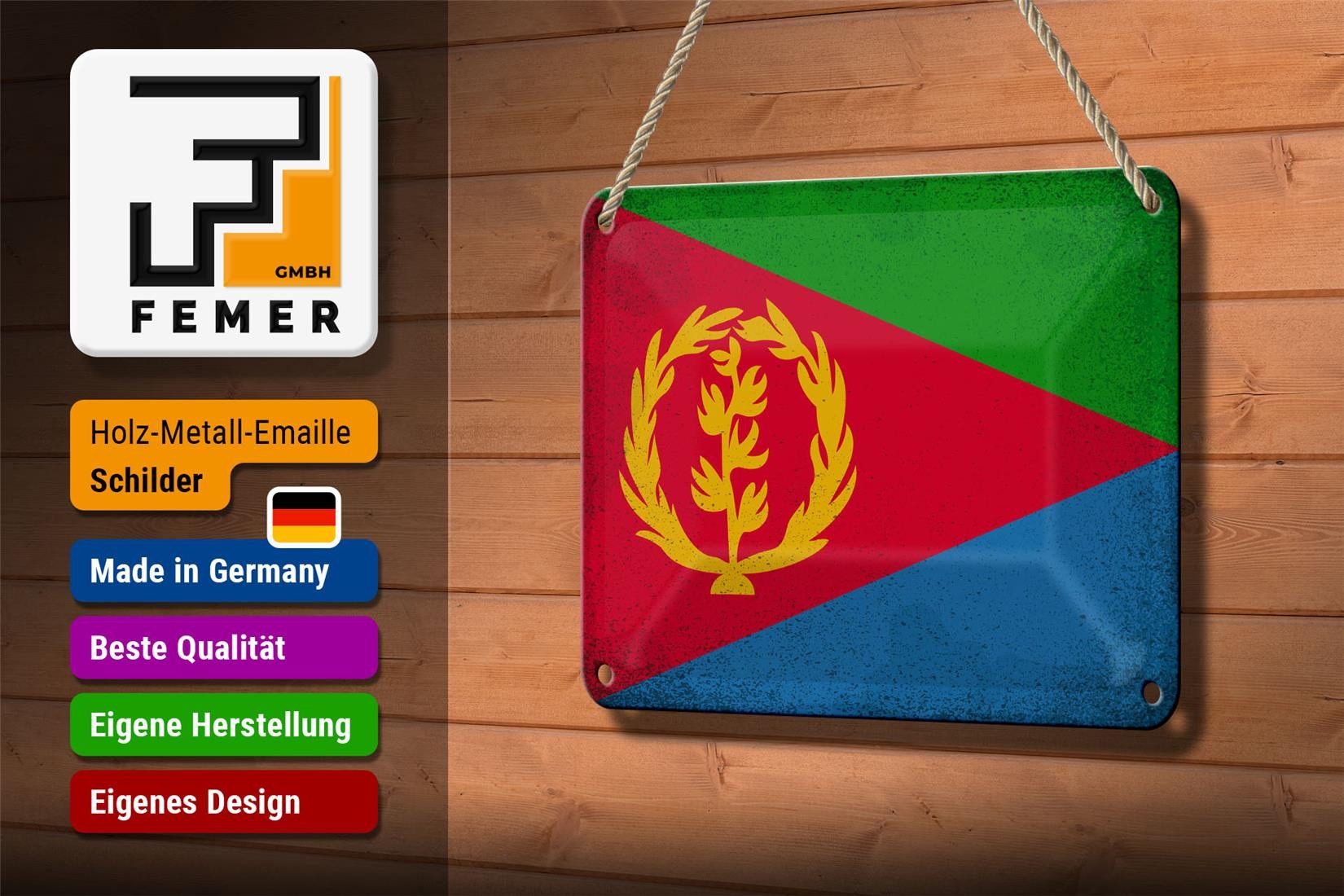 Femer GmbH Metallschild Flagge Eritrea 18x12cm Flag of Eritrea Vintage, (1 St), gewölbte Oberfläche, abgerundete Ecken, umgeschlagene Kanten