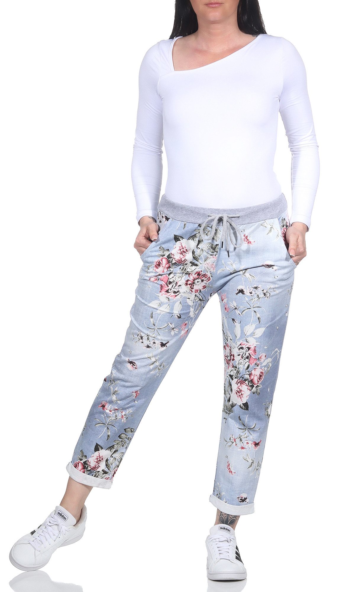 CLEO STYLE Jogginghose Damen Jogginghose 2581 36-40 Hellblau / Blume günstig online kaufen