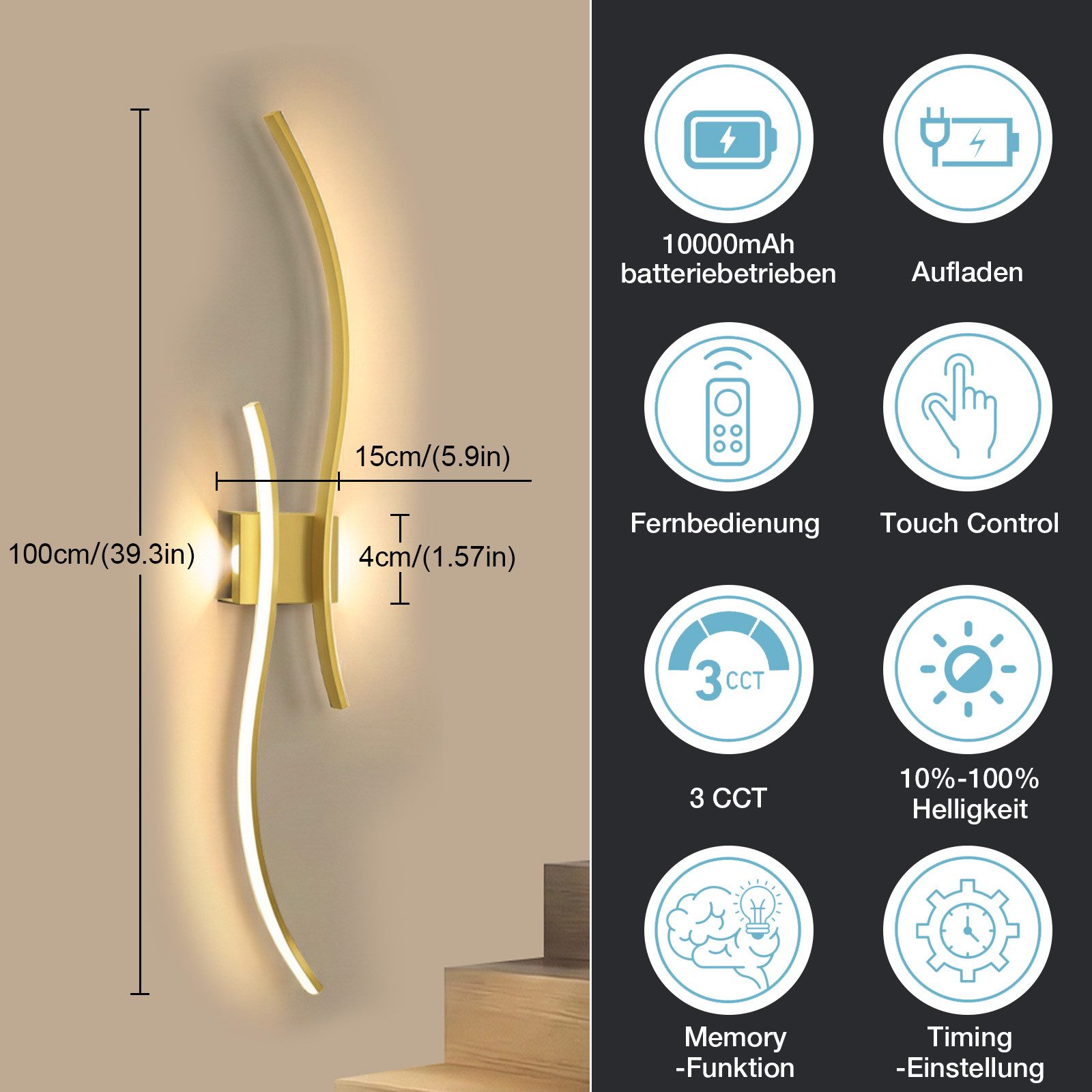 Lapalife Wandleuchte Kabellose Akku Dimmbar&Timing Wandlampe mit Fernbedienung, 2700K-6500K, Wiederaufladbar Wandleuchte für Wohnzimmer Schlafzimmer