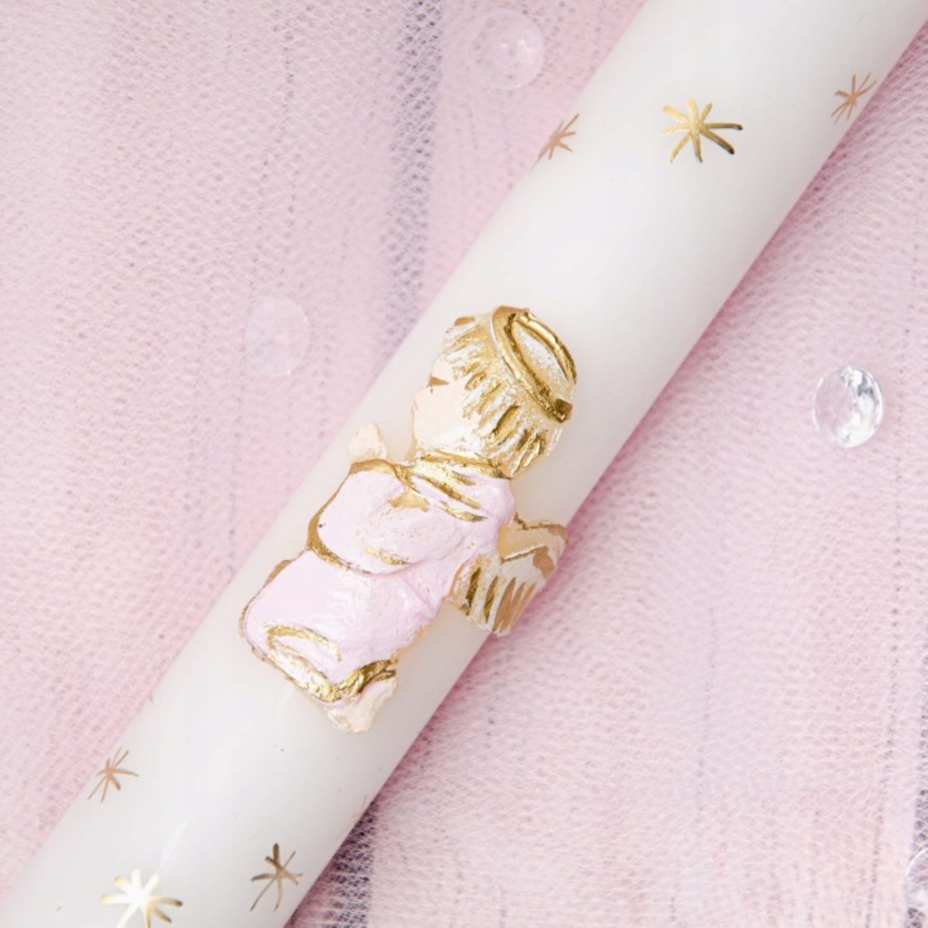 Festivalartikel Taufkarte Taufkerze Mädchen Rosa Gold Engel 40cm Handdekoriert