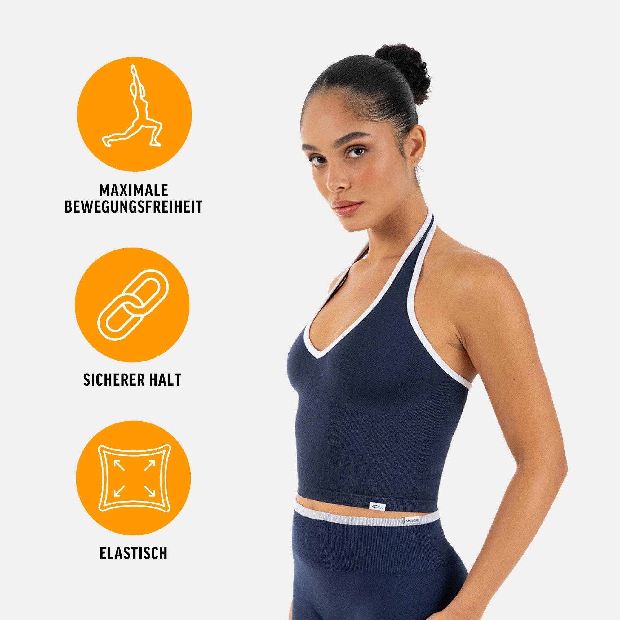 Smilodox Sport-BH Theda, Sport Top Damen Shaped Fit, Seamless, Gym & Freizeit Halterneck, V-Ausschnitt, Seamless, Stretch, Kontrastdetails