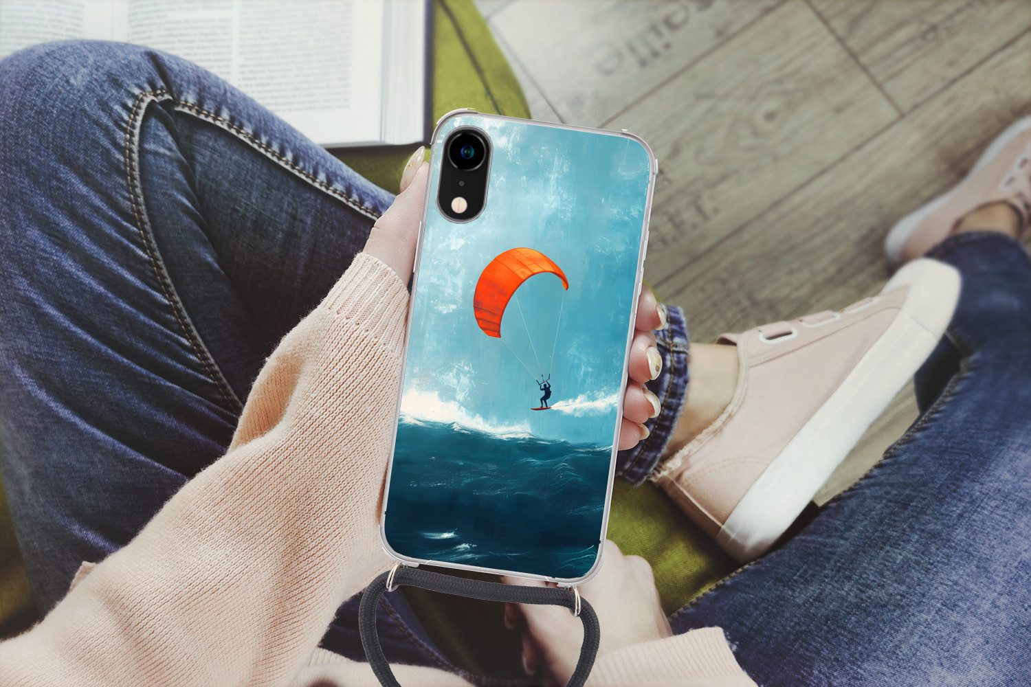 MuchoWow Handyhülle für Apple iPhone XR Kitesurfer - Orange - Meer - Himmel, Tragbare Handyhüllen mit Kette zum umhängen, Handykette Handyband