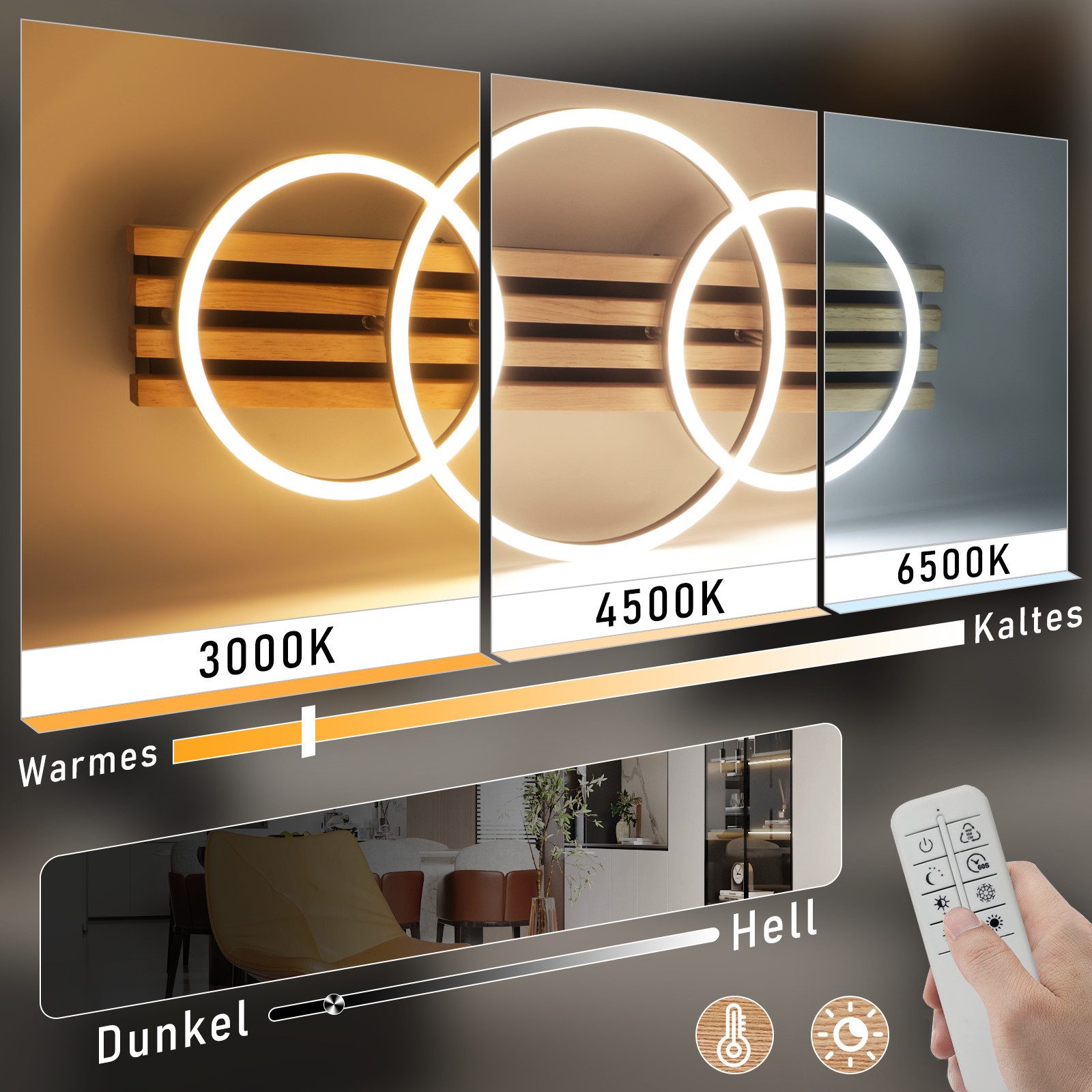 Nettlife LED Deckenleuchte Dimmbar Holz 3 Ringe 46W Modern Deckenlampe 70cm günstig online kaufen