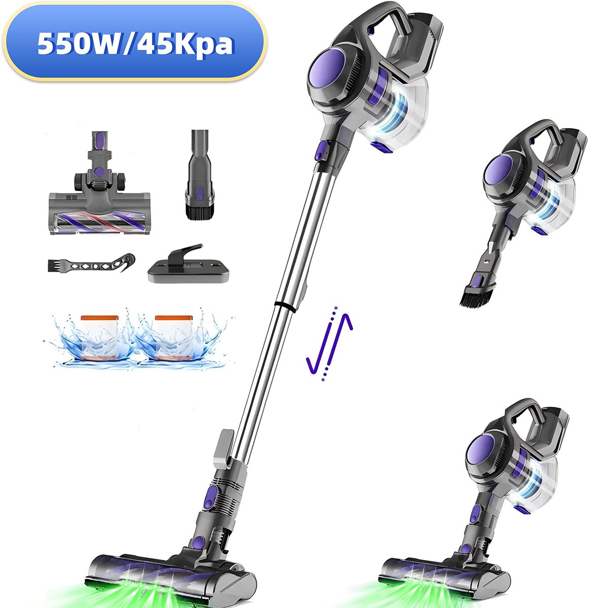 LIIMOO Akku-Hand-und Stielstaubsauger 550W/45kPa/8-in-1/6-stufige Filterung/60 Minuten/7*2800mAh, 550,00 W, beutellos, 99,99 % hocheffiziente Filterung /1,65 l großer Staubbehälter/65 dB