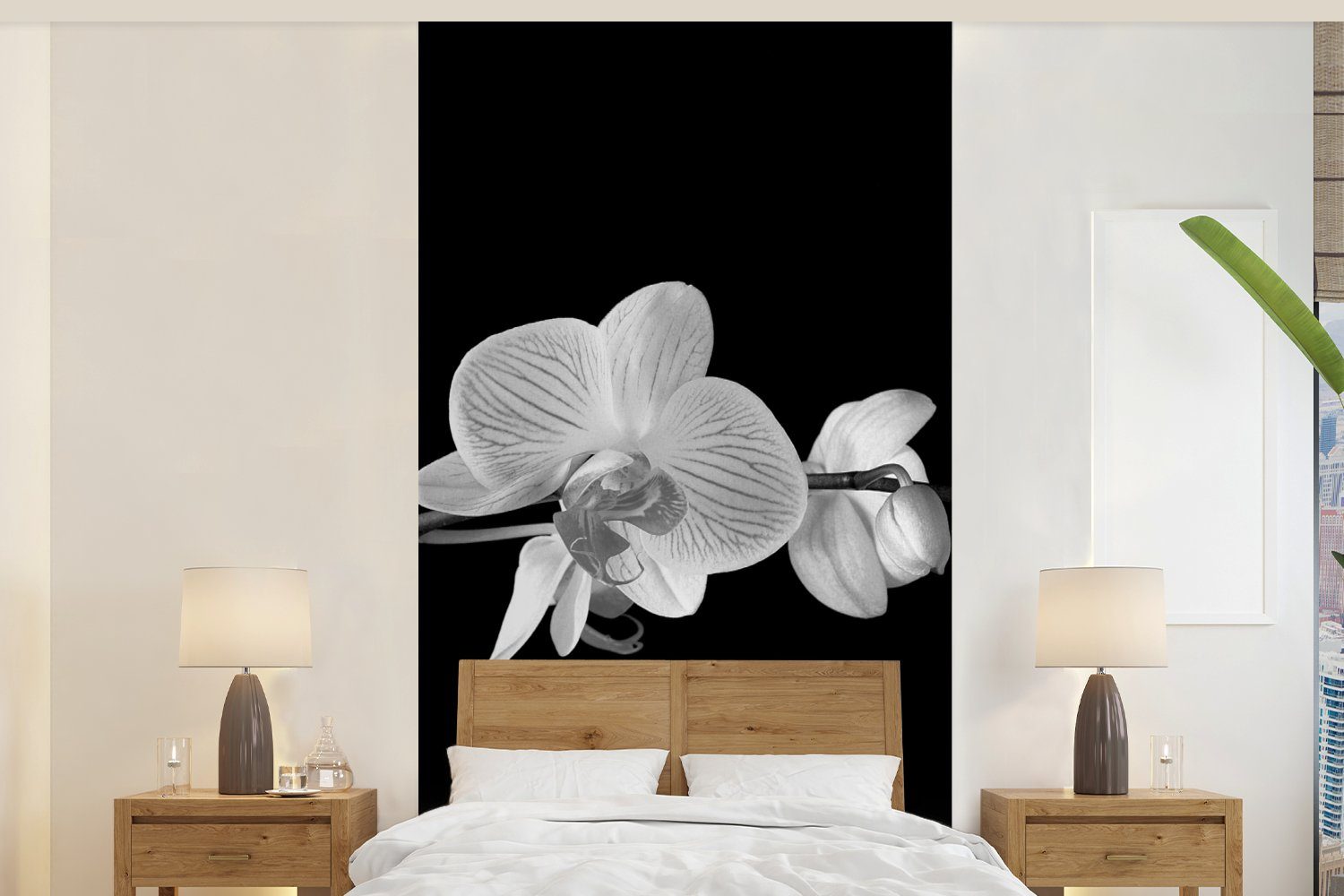 - für Schlafzimmer (2 Orchidee Blumen - MuchoWow Fototapete - Matt, Rosa Küche, bedruckt, Wohnzimmer Vliestapete - Schwarz Knöpfe, St), Fototapete