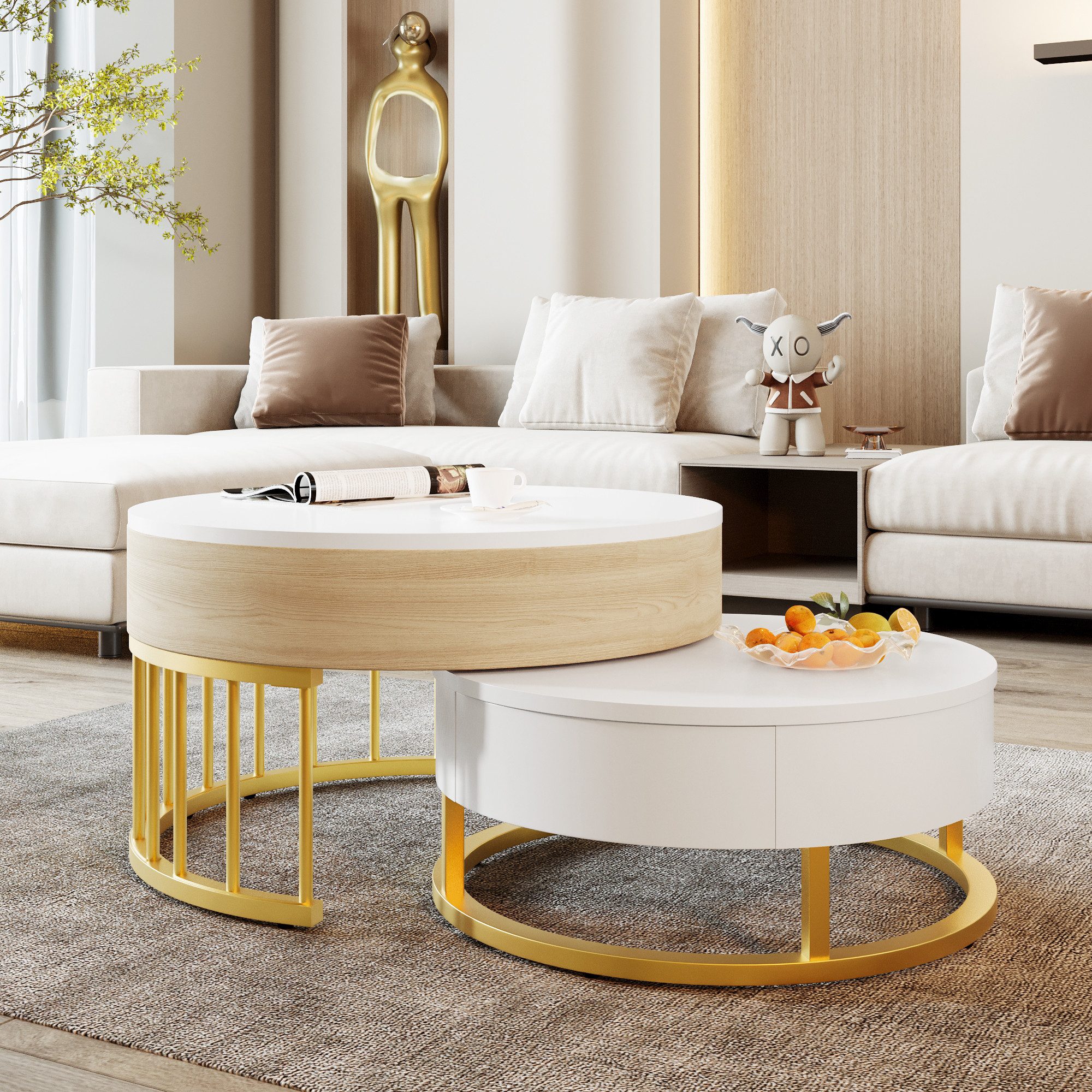Merax Couchtisch Set mit goldenen Metallrahmen und Schubladen, mit ausziehbarer Tischplatte, Satztisch mit Stauraum, Kaffeetisch – Bild 3 von 5