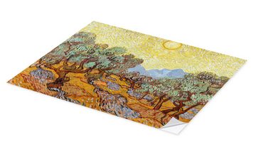 Posterlounge Wandfolie Vincent van Gogh, Olivenbäume mit gelbem Himmel und Sonne, Wohnzimmer Mediterran Malerei