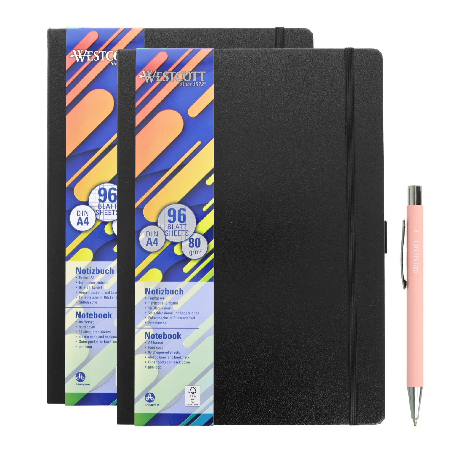 WESTCOTT Notizbuch DIN A4 kariert (2er-Set) inkl. PRIMESOFT Kugelschreiber, 80 g/m² FSC, Innentasche, Lesezeichen, Gummizug, Stifthalter
