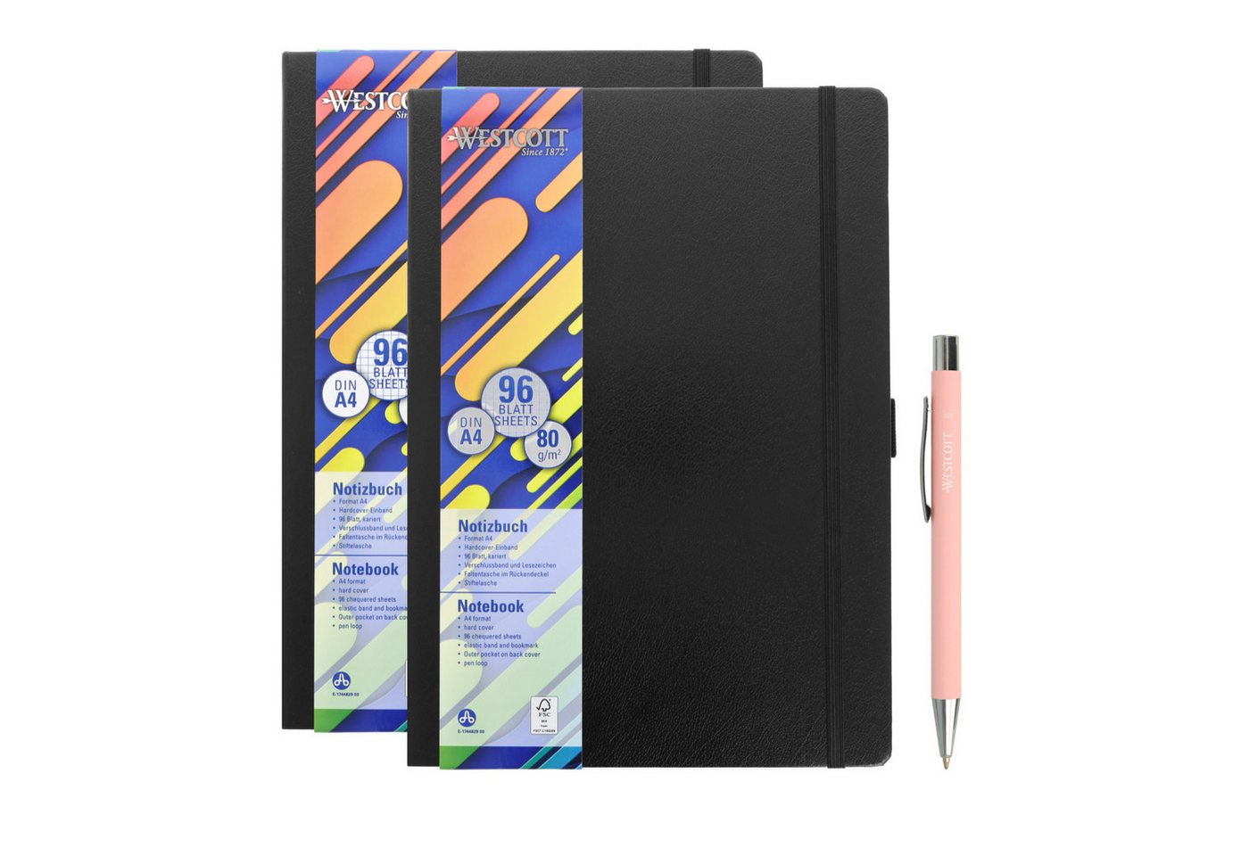 WESTCOTT Notizbuch DIN A4 kariert (2er-Set) inkl. PRIMESOFT Kugelschreiber, 80 g/m² FSC, Innentasche, Lesezeichen, Gummizug, Stifthalter