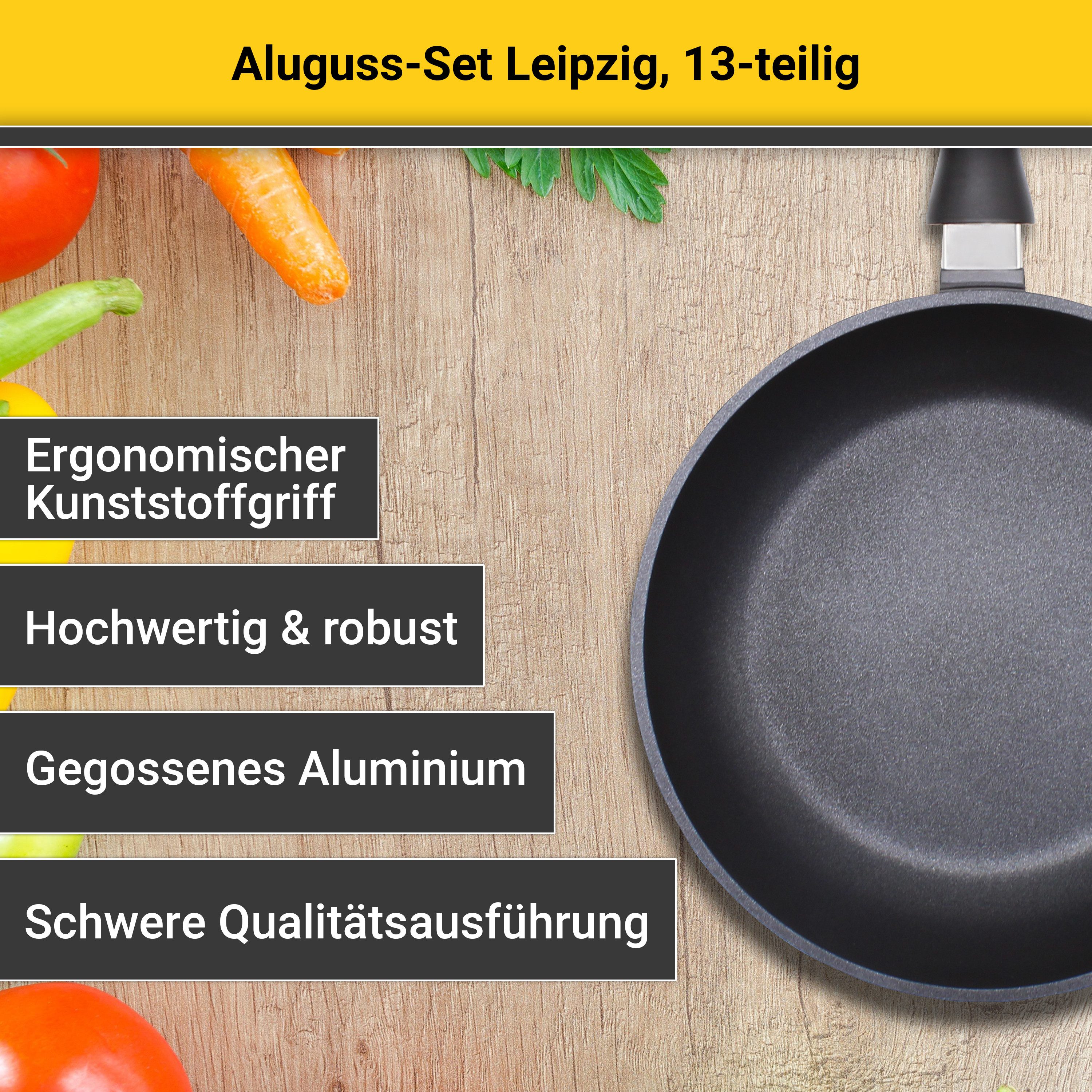 Krüger Topf-Set Aluguss Topf-/Pfannenset LEIPZIG inkl. Küchenhelfern, 13 tlg., Aluminiumguss (Set, 13-tlg., Fleischtopf 16+20 cm, Pfanne flach 20+28 cm, 7 tlg. Küchenhelferset), inkl. 7-tlg. Küchenhelfer-Set