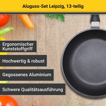 Krüger Pfannen-Set Aluguss Topf- und Pfannenset LEIPZIG inkl. Küchenhelfern, 13 tlg., Aluminiumguss (Set, 13-tlg., je 1x Bratpfanne Ø 24/28 cm, je 1x Kochtopf Ø 20/24 cm), inkl. 7-tlg. Küchenhelfer-Set