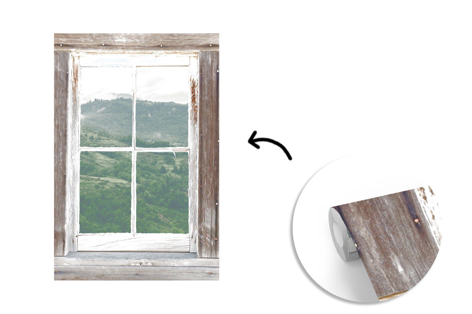 - Aussicht - Tapete bedruckt, MuchoWow Berg Holz, Matt, Wandtapete Vinyl Fototapete (3 St), Montagefertig Wohnzimmer, für