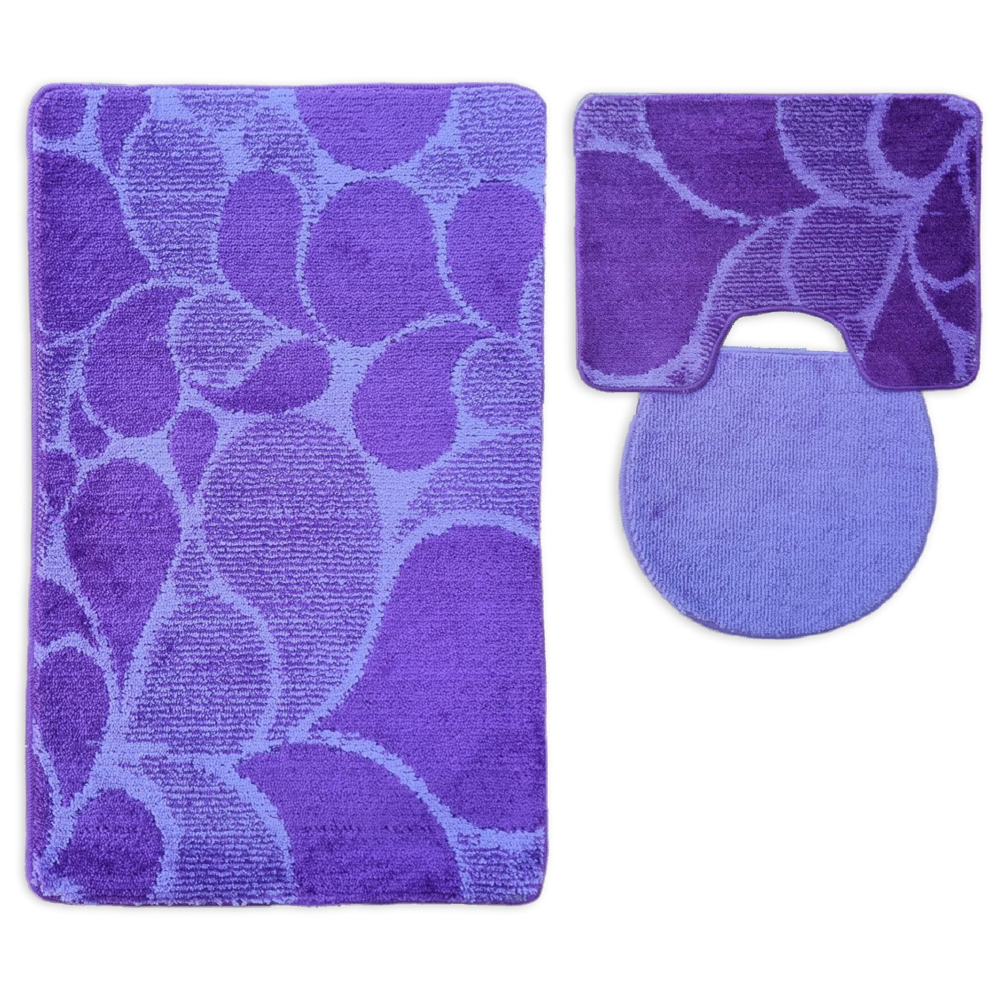 ROLFNERS Badematte 3 tlg Badematte Badezimmerteppich Badteppich Set Lila, Weicher Flor, Rutschfest, Schnell Trocknend, Fußbodenheizungsgeeignet, Polypropylen, Florhöhe ca. 15 mm, Waschbar bis max. 30°C