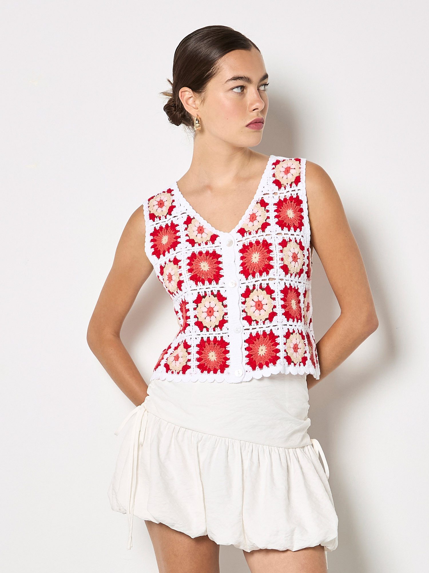 Apricot Spitzentop Weste mit gehäkelten Quadraten Häkeln