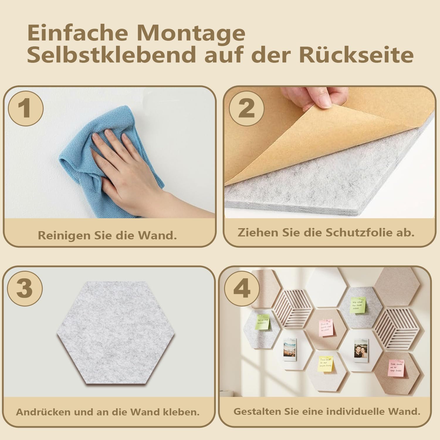 Agger Pinnwand Korktafel Memoboard Pinnwand 12 Stück Filz Pinnwand Sechseckig, Selbstklebende DIY Pinnwand Kork mit 50 Stück Durchsichtig Pushpins