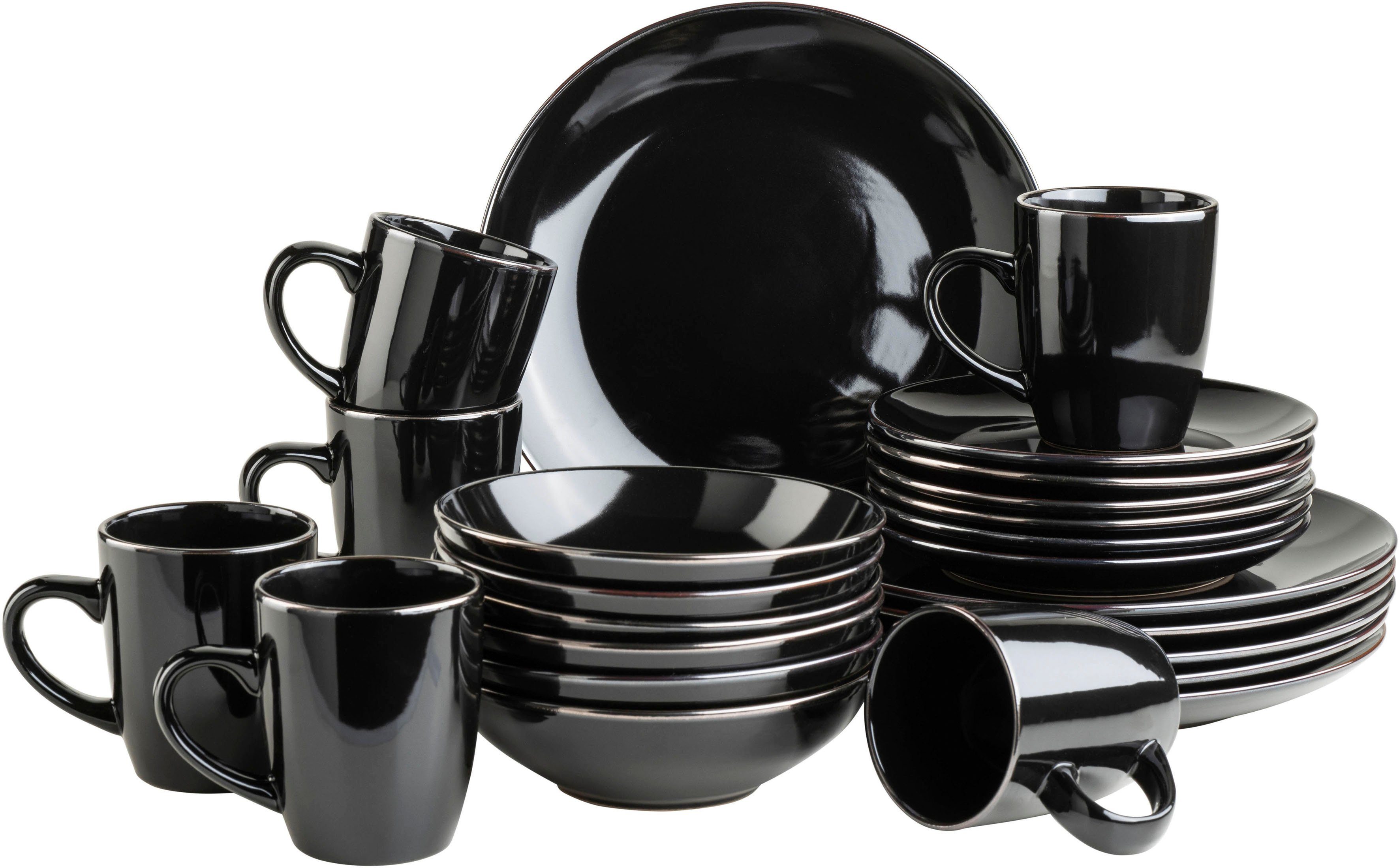 MÄSER Комбіноване обслуговування Geschirr-Set, Service Metallic Rim (24-tlg), 6 Personen, Steinzeug, messingfarben schimernden Umrandung, 24 Teile, für 6 Personen