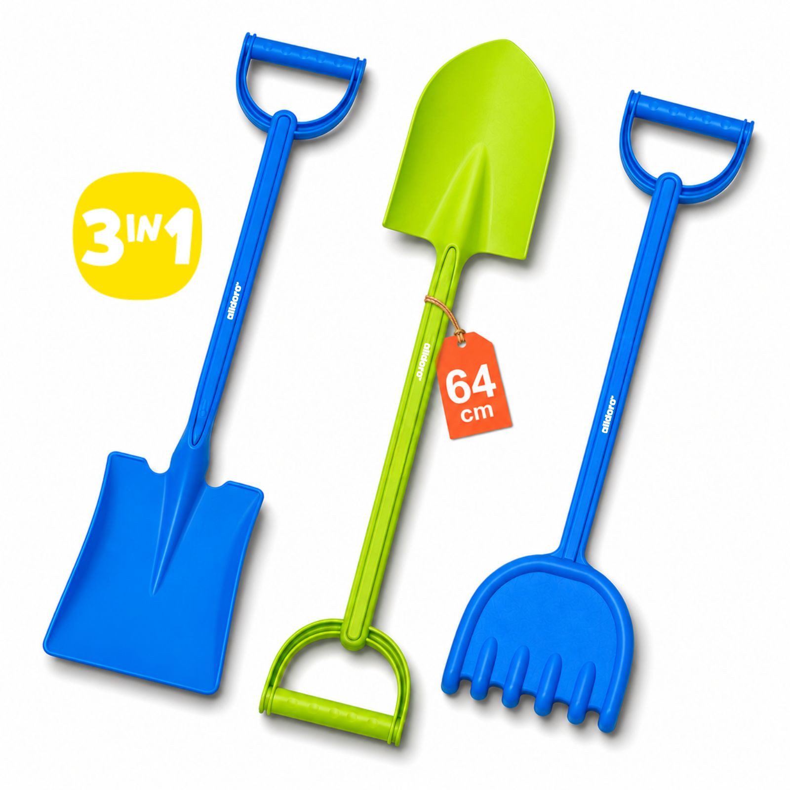 alldoro Sandform-Set XXL Sandschaufel-Set für Kinder ab 18 Monate, 3-teilig, je 64 cm groß, Sandspielzeug, 2 Schaufeln & 1 Harke, für Garten, Strand & Spielplatz