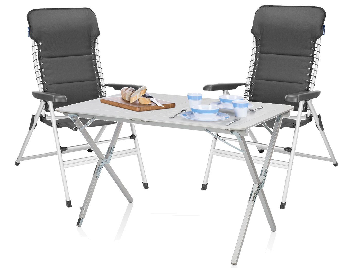 Campart Campingstuhl (Campingtisch / Rolltisch mit 2 Stühlen), kleiner  Klapptisch 110 x 70cm & stabile Hochlehner bequem gepolstert