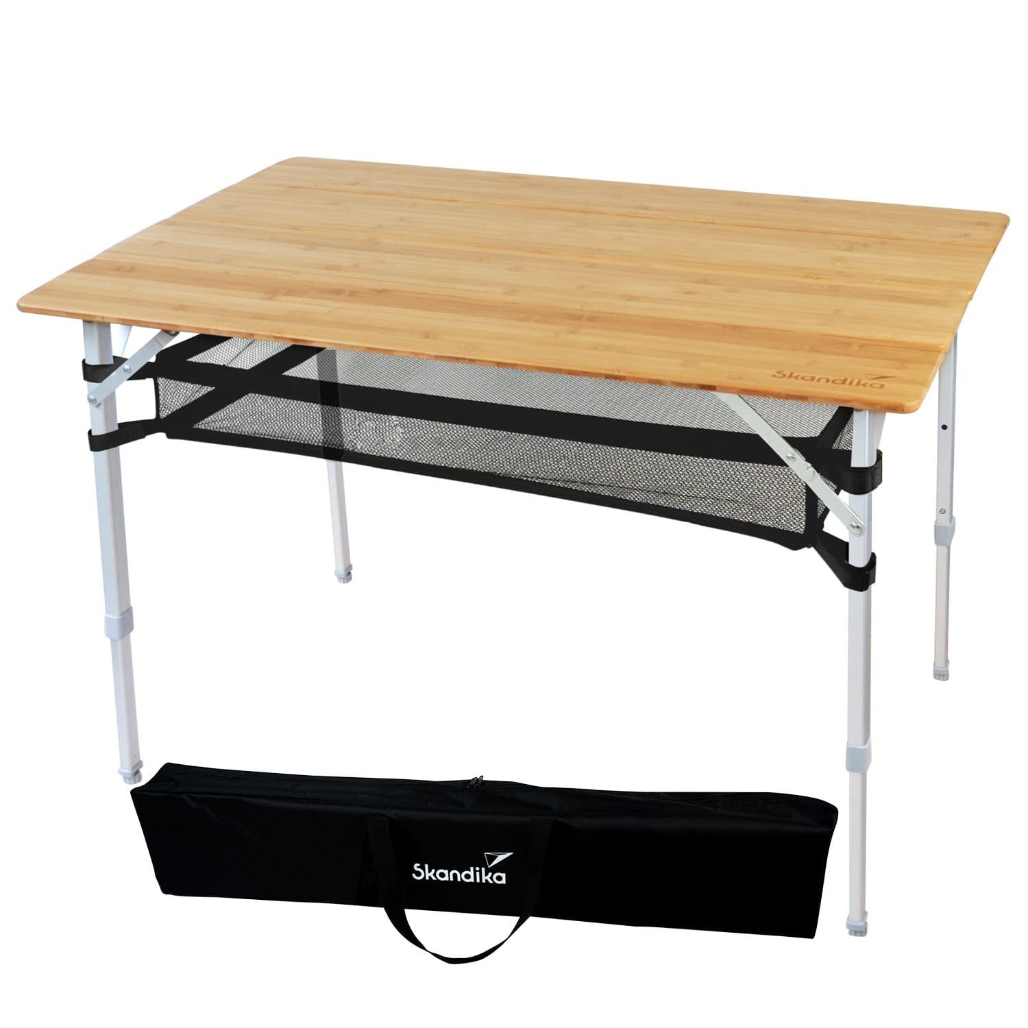 Skandika Campingtisch Tolja Bambus Falttisch mit Netzablage, 3-Fach höhenverstellbar (Netzablage (Klettbefestigung), Verstellbare Füße), Tragetasche, wetterfest, UV-beständig, Klapptisch für Garten, Balkon