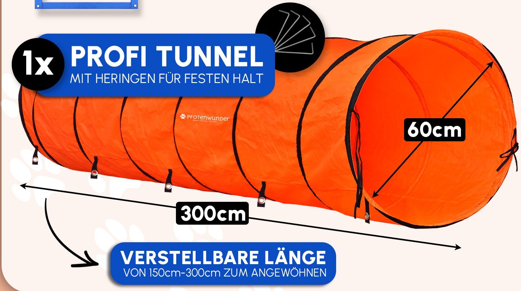 PfotenWunder Agility-Tunnel 3,00-m XXL-Agility Tunnel, Agility Profi-Set Hunde Groß