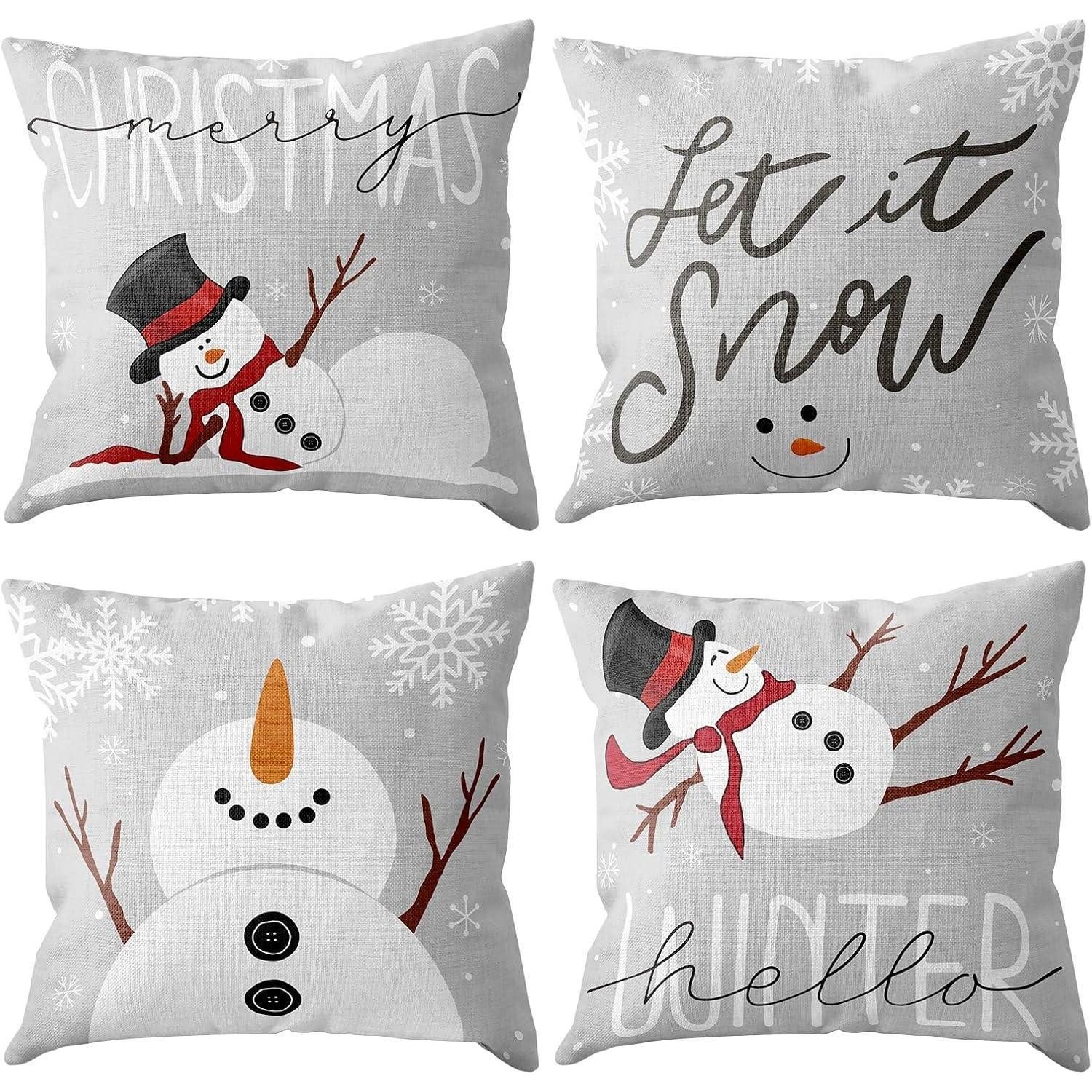 LuxusKollektion Hängedekoration Dekokissen 45x45cm 4er Schneemann Weihnachtsmotiv Leinen Grau