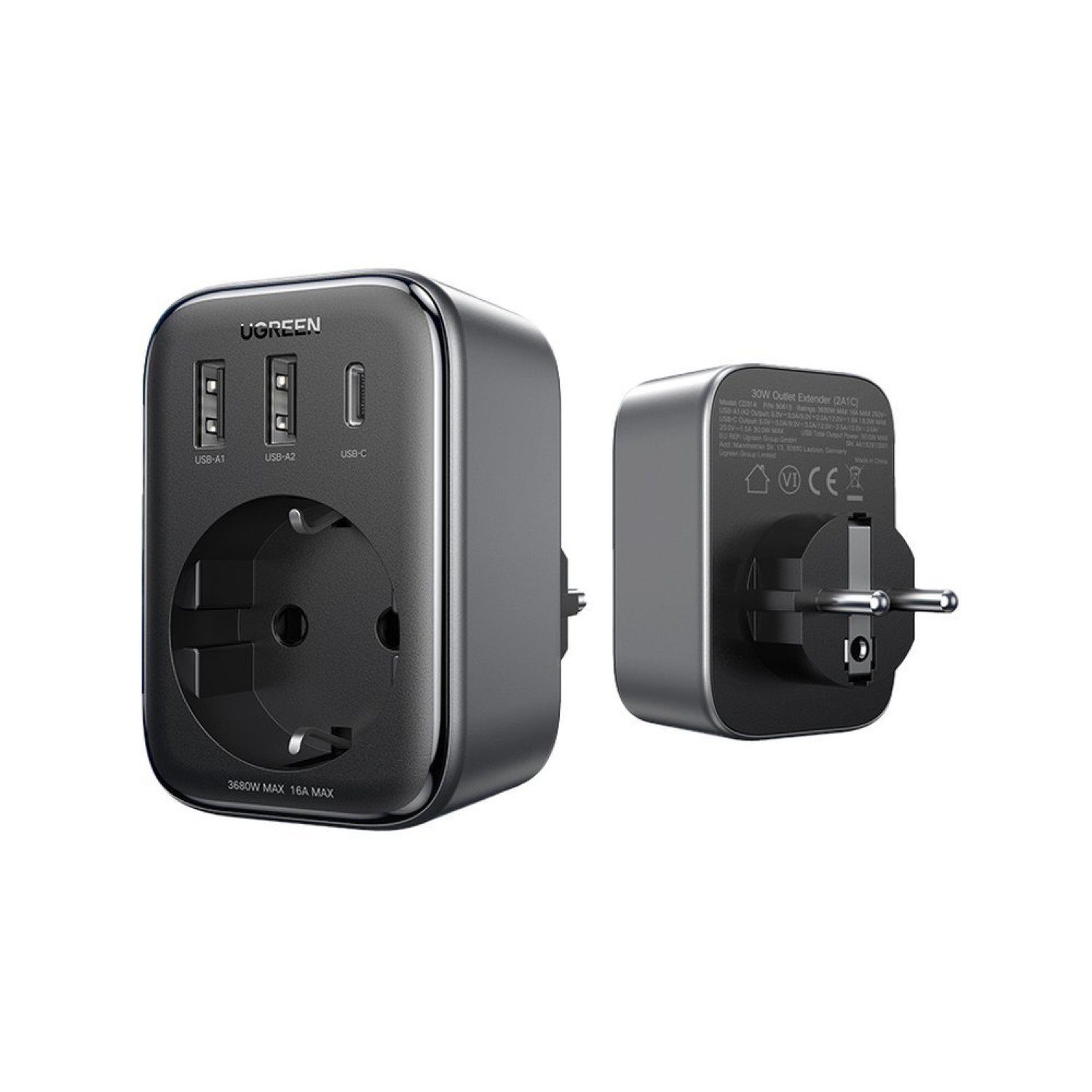 UGREEN Steckdose Wandladegerät 30W (2xUSB/USB C/AC) Adapter EU - EU 13A CD314