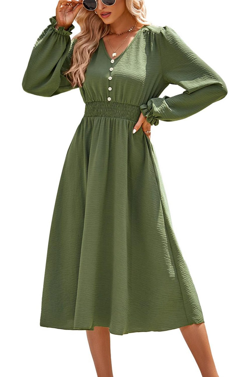 B.X Dirndl Revers-Hemdkleid für Damen Langarm-V-Ausschnitt, elastische kleid Damen-Midikleid mit V-Ausschnitt lange Laternenärmel Partykleid