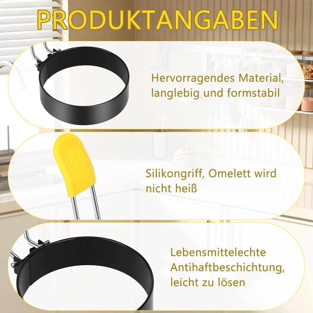 TUWENA Herzkuchenform 4 Stück Spiegeleiform Edelstahl, Mit Silikon Klappgriffen und Ölpinsel