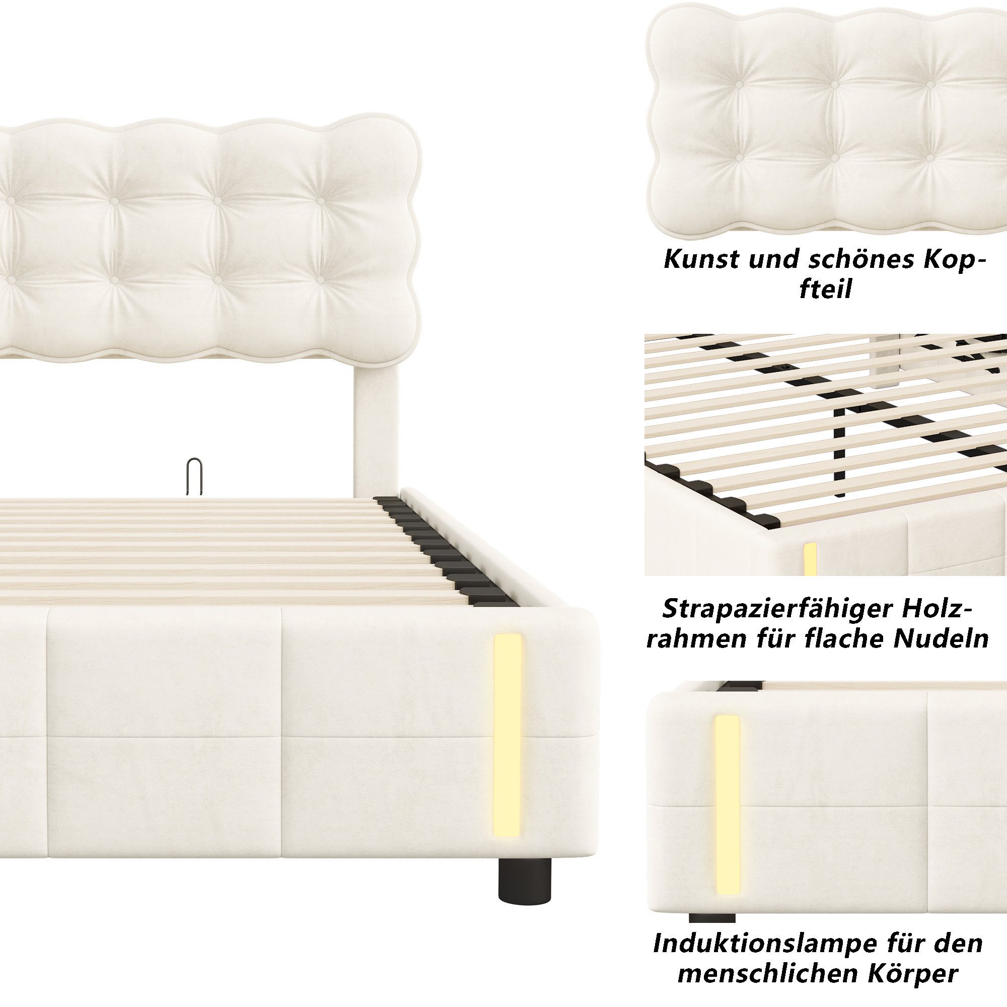 Furnishings Home Polsterbett Stauraumbett Doppelbett mit LED 140x200 cm (Modernes Jugendbett, Leises Design Bett, Max. Belastbarkeit 350 kg), Mit LED-Beleuchtun – Bild 5 von 5