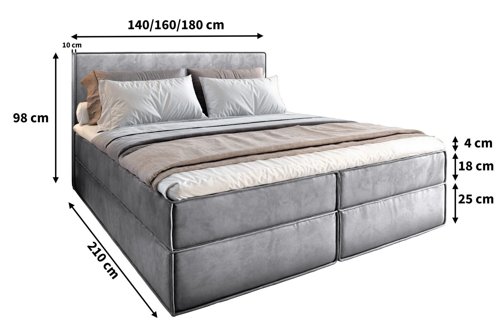 Masseno Boxbett PELLIO 160x200 cm mit Bonell Matratze und Topper, Doppelbett, Polsterbett mit Kopfteil, Boxspringbett – Bild 4 von 5