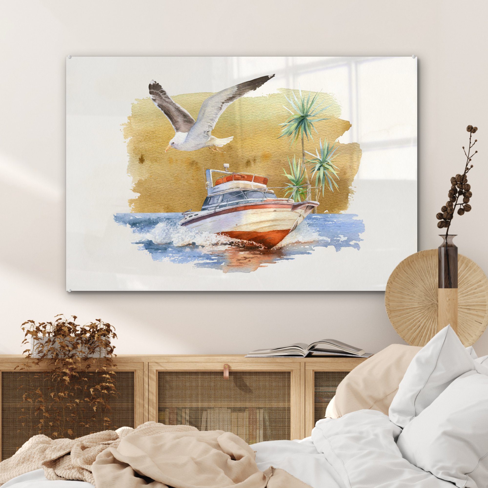 Wohnzimmer MuchoWow & (1 Boot Acrylglasbilder St), - Vogel Acrylglasbild - Aquarell, Schlafzimmer