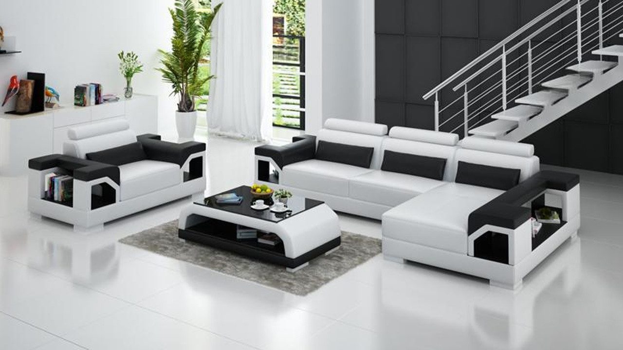 Ecksofa Modernes Ledersofa mit Wohnlandschaft, Ecksofa und Sessel Set im