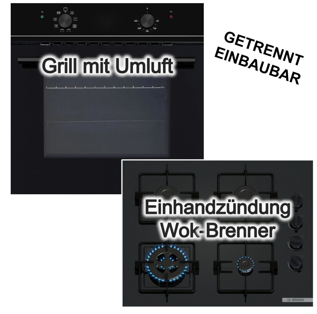 Wolkenstein Backofen-Set Einbaubackofen ECO + Bosch Gaskochfeld Wokbrenner Zündsicherung