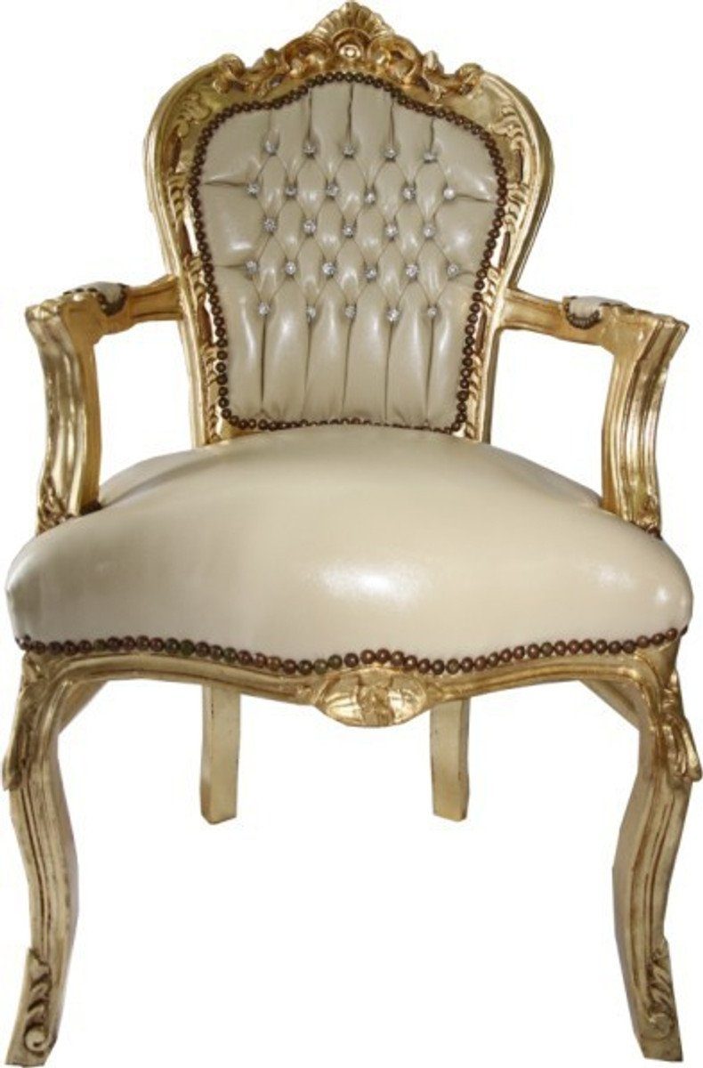 Casa Padrino Esszimmerstuhl Barock Esszimmer Stuhl mit Armlehnen Creme Lederoptik / Gold - Möbel